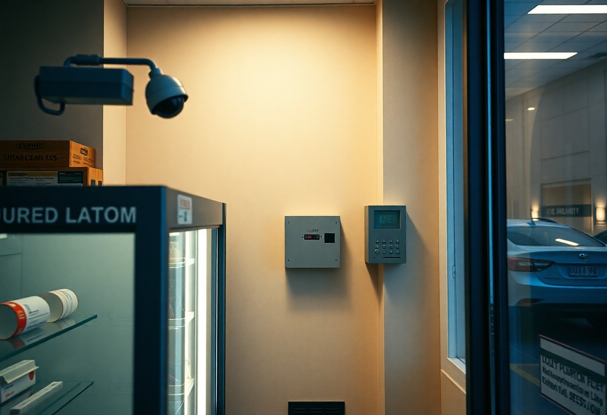 A wall-mounted security camera overlooking the interior of a small retail store, monitoring for safety and theft prevention.